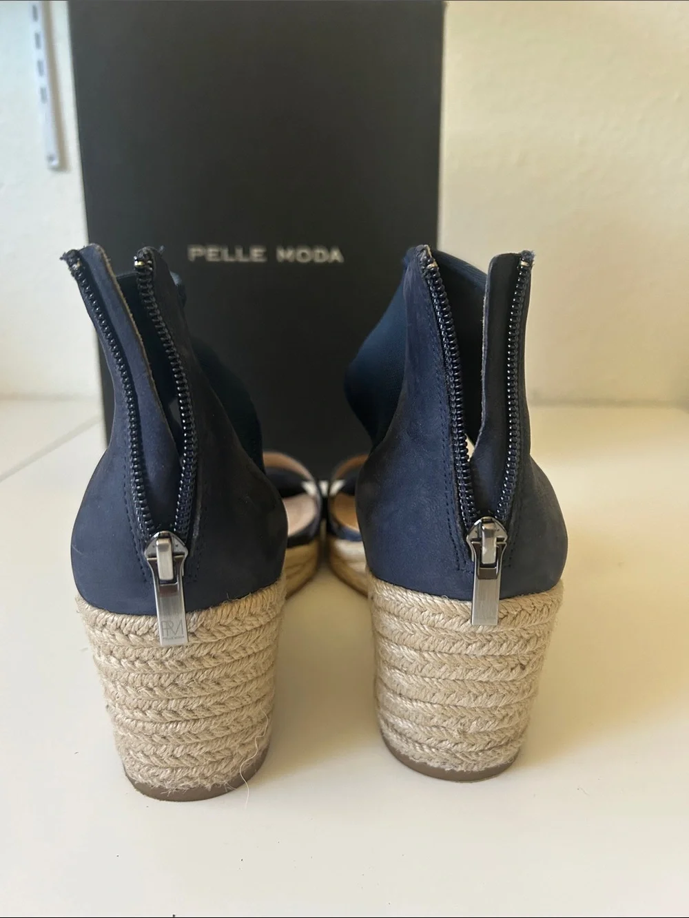 Pelle Moda Navy Espadrille Wedge Sandals with Ankle Cuff